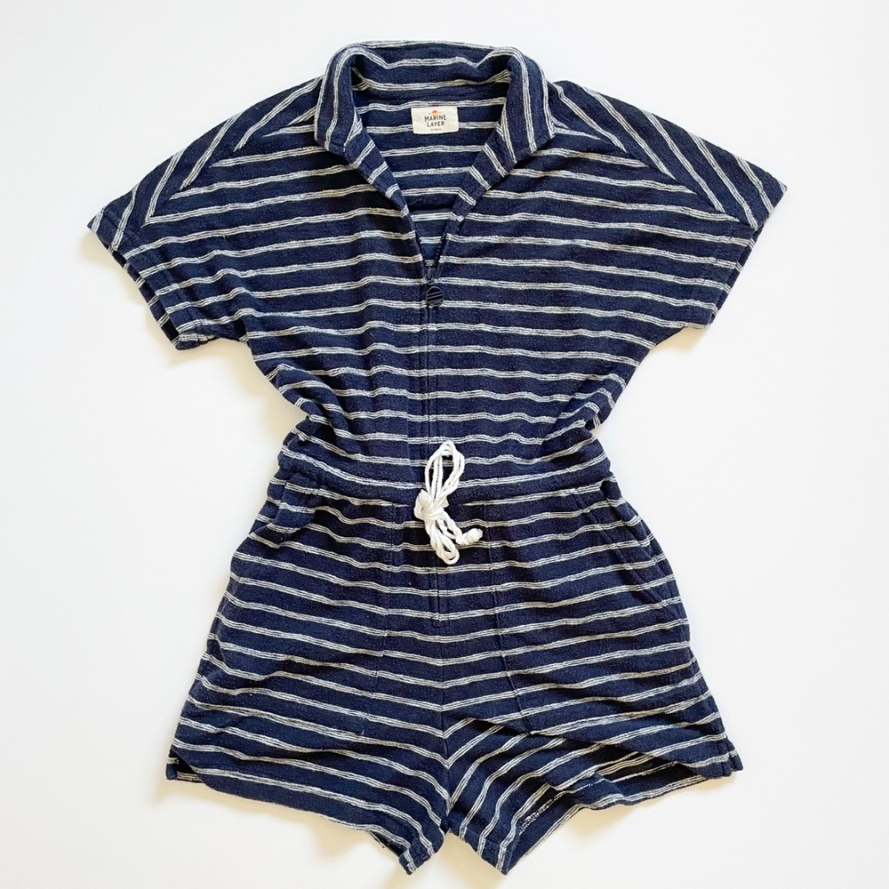 Marine Layer Terry Out Zip Up Terry Cloth Romper in Navy & White Stripe